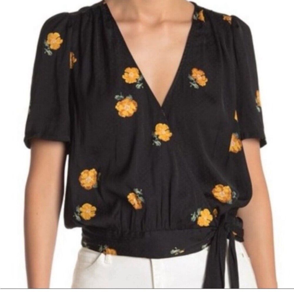 Madewell Womens Floral Patterned Short Sleeve Wrap Top Black Cap Sleeve Size S‎